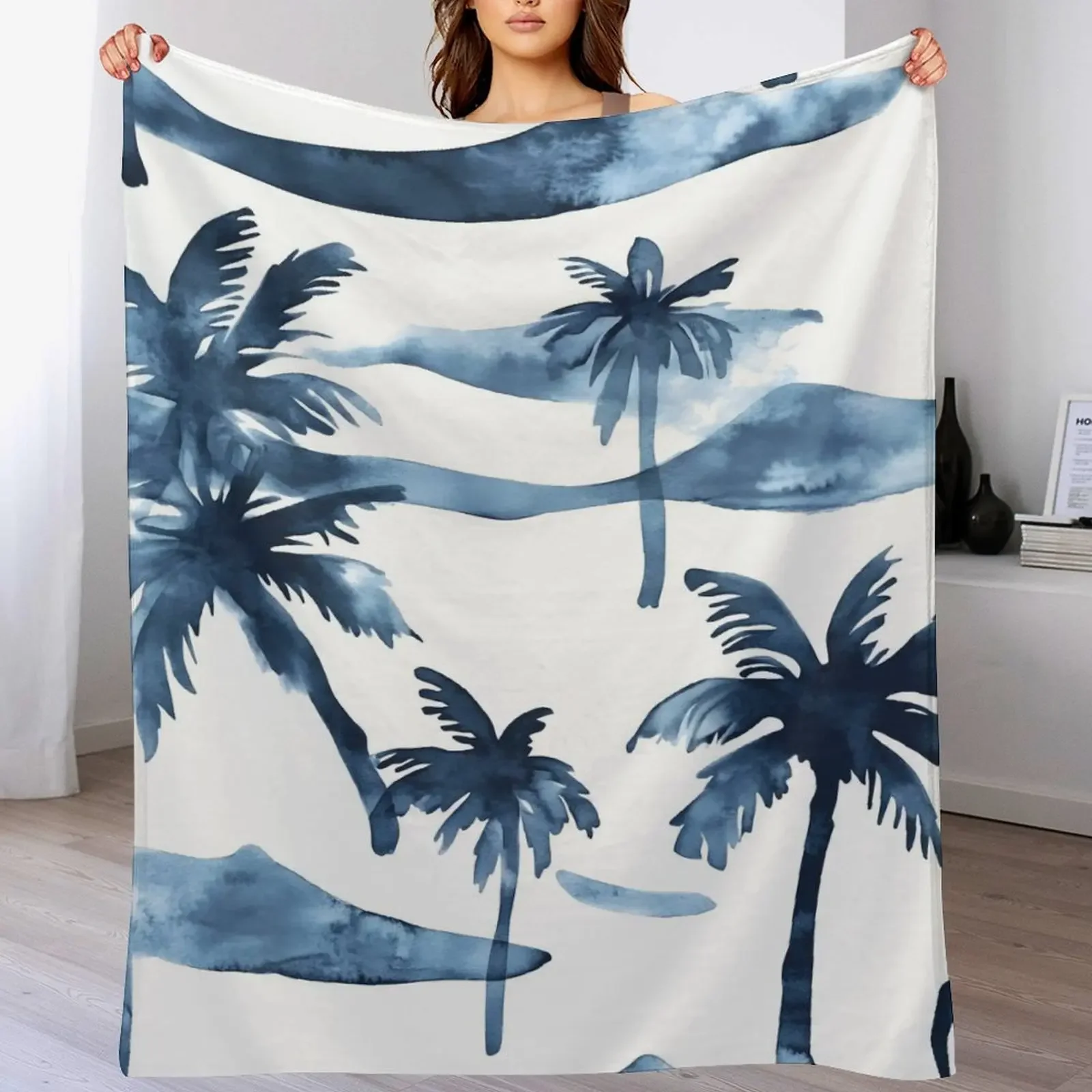 

1pc Heavyweight 280GSM Flannel Fleece Blanket - Soft Lightweight All-Season Throw with Tropical Palm Trees & Driftwood
