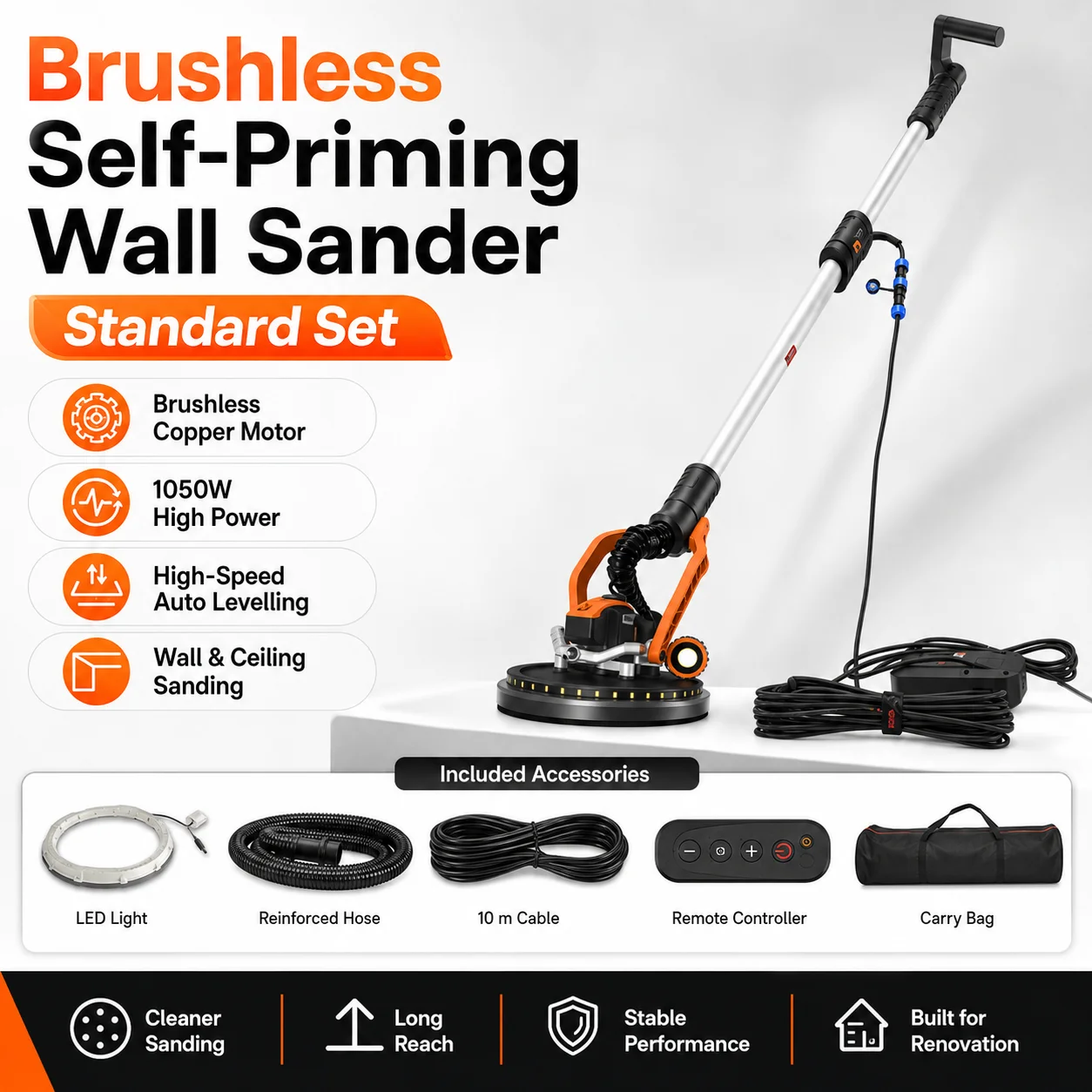 Brushless Drywall Sander 1050W Dustless Self-Priming Wall Ceiling Sanding Machine Long Reach Grinder with LED Home Renovation