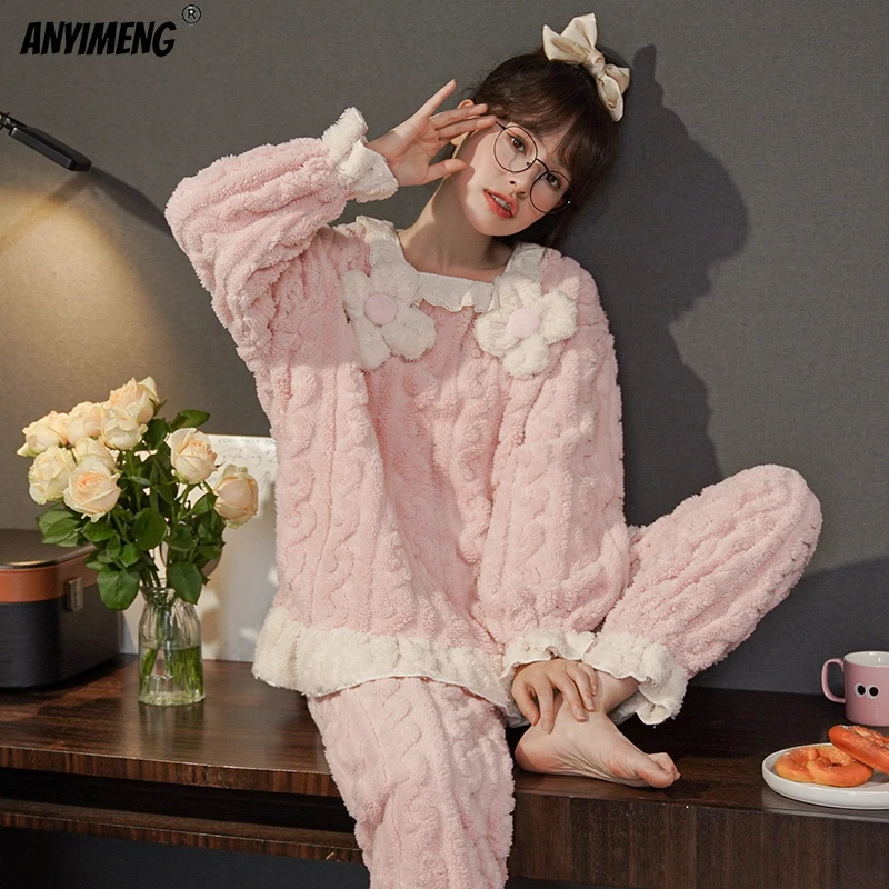 Elegant Lady Velvet Pajamas Set Winter Jacquard Sleepwear for Woman Fashion Princess Style Petit Chic Thick Homesuits for Women