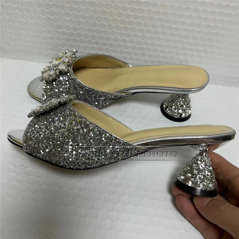 Bling Sequins Crystal Buckle Decor Sandals Women Unique Rhinestone Diamond Spike Heel Slingbacks Summer Shoes