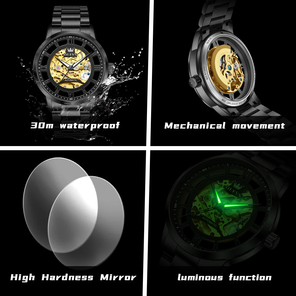 ساعة OLEVS أوتوماتيكية بهيكل عظمي شفاف للرجال بحركة ذهبية ماركة فاخرة ساعات ميكانيكية من الفولاذ المقاوم للصدأ باللون الأسود #6