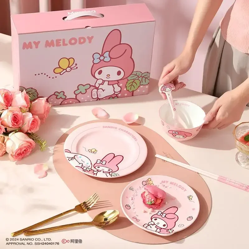 SANRIO Cinnamoroll ชุดจานชามเซรามิคลายการ์ตูนน่ารัก, ชุดเครื่องใช้บนโต๊ะอาหารเซรามิกลายการ์ตูนน่ารักน่ารักน่ารักสำหรับเด็กผู้หญิง