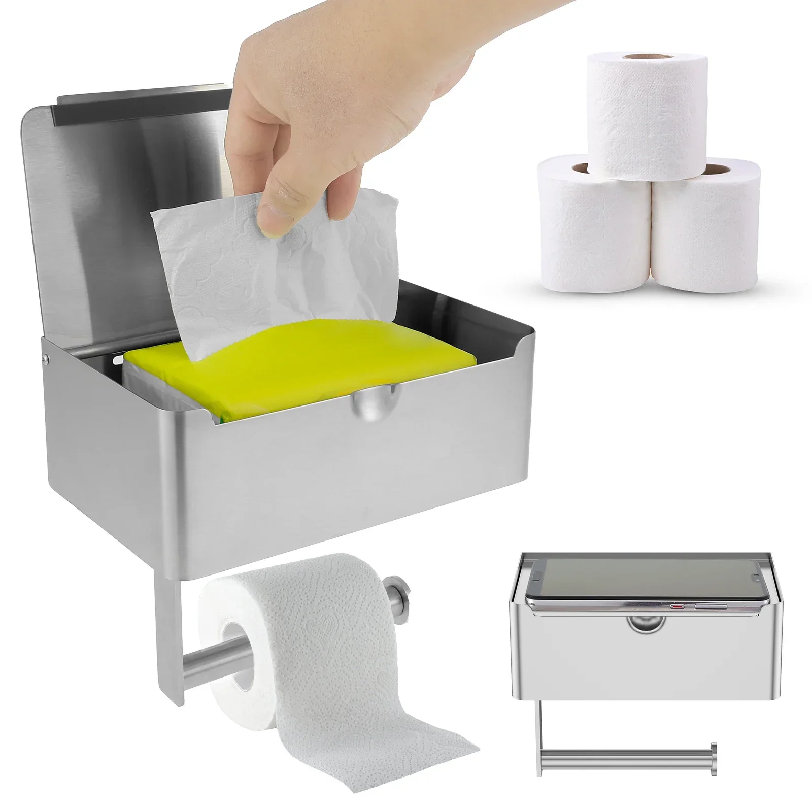 

Toilet Paper Holder Stainless Steel Bathroom Roll Holder with Storage Box Wall Mounted WC Paper Phone Holders Home Towel Holder