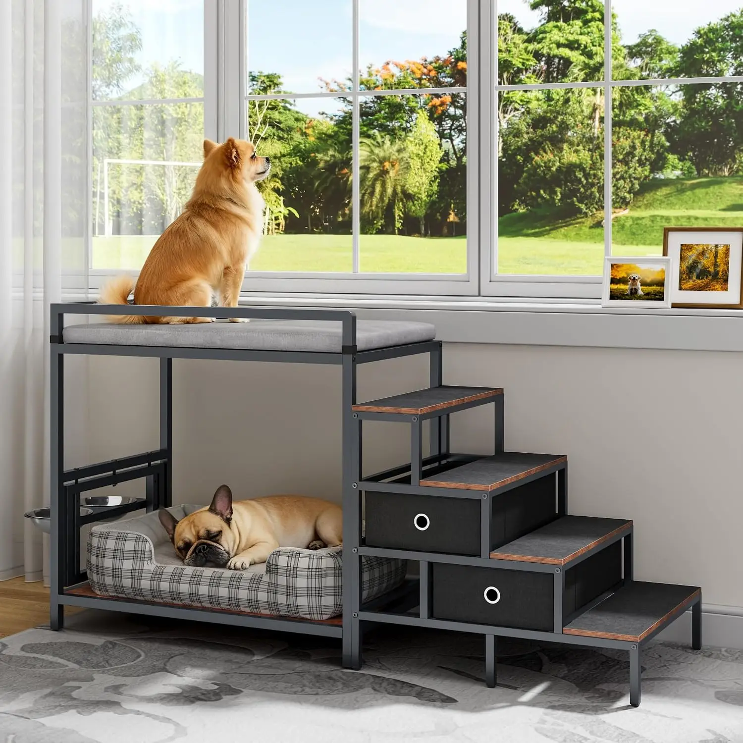 Dog Window Perch with 360° & Adjustable Raised Feeder, Pet Bunk Bed with Stair and Drawers, Elevated Platform Bed, Pet Elevated