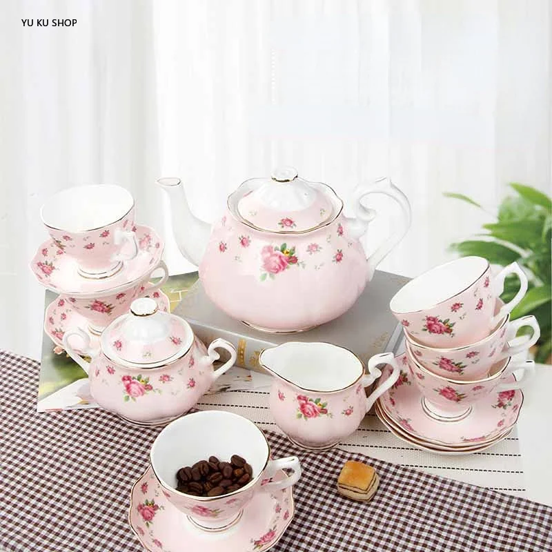 Bone China European Tea Pot Set Ceramics English Afternoon Tea Set Cup Saucer Sugar Bowl Milk Jar Teaware 15 Pieces Gift Box