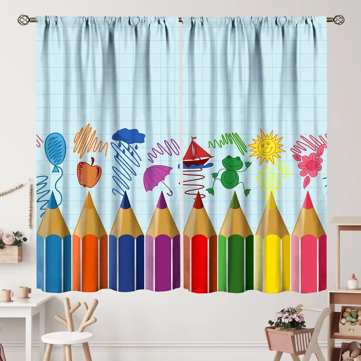 Kids Cartoon Pencil Curtains Colorful Crayons Art Printed School Curtain with Rod Pocket for Nursery Bedroom Living Room Home