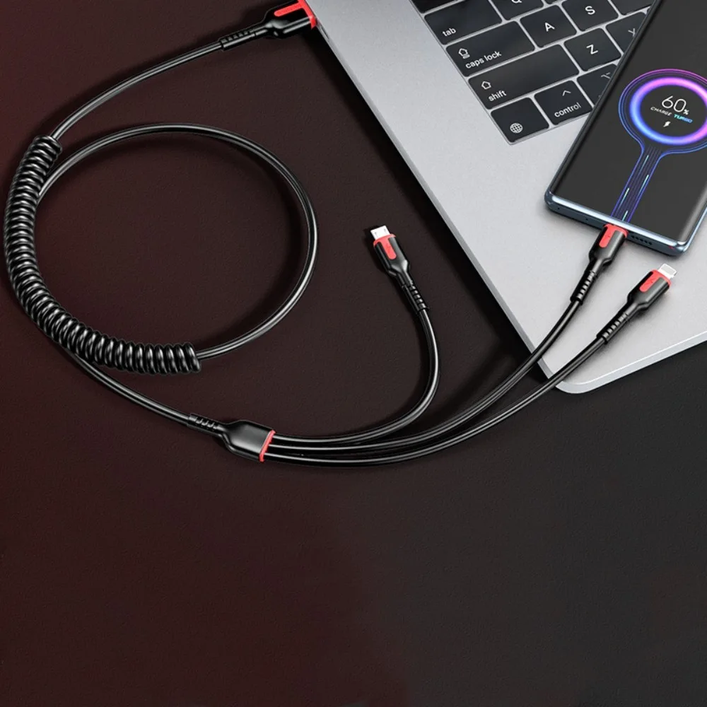 

Micro USB Super Fast Charging One Drag Three 3 In 1 Charging Line Telescopic Data Cable Spring Data Cord 3 In 1 Charging Cord