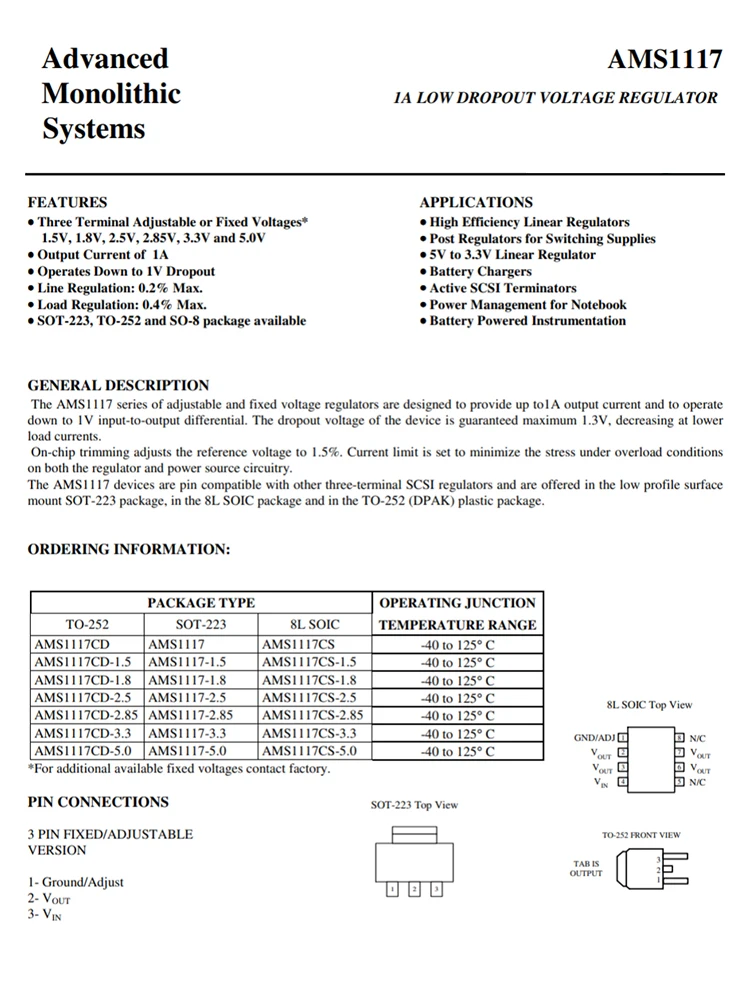 AM1117-1.2 AM1117-1.5 AM1117-1.8 AM1117-2.5 AM1117-3.3 AM1117-5.0 AM11117-ADJ SOT-223 power chip IC 20pcs