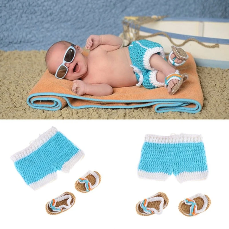 Newborn Baby Girl Boy Photo Props for Summer Outdoor Beach Knitted Short Pants with Shoes Colorful Swimming Trunks