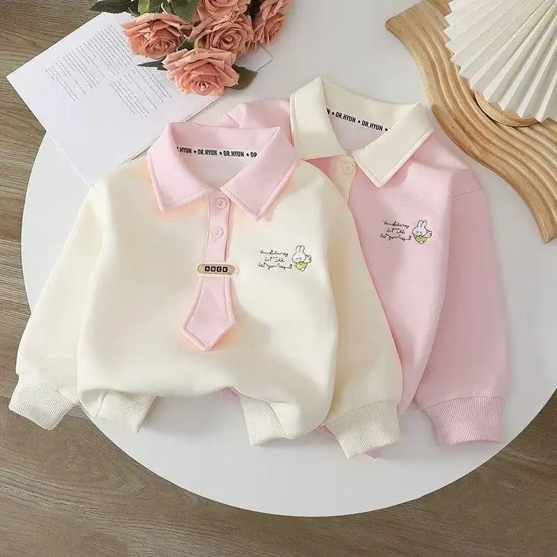 

Girls' Pure Cotton Polo Collar Hoodie Spring and Autumn 2026 New Children's Cartoon Cute T-shirt College Versatile Top 90-140CM