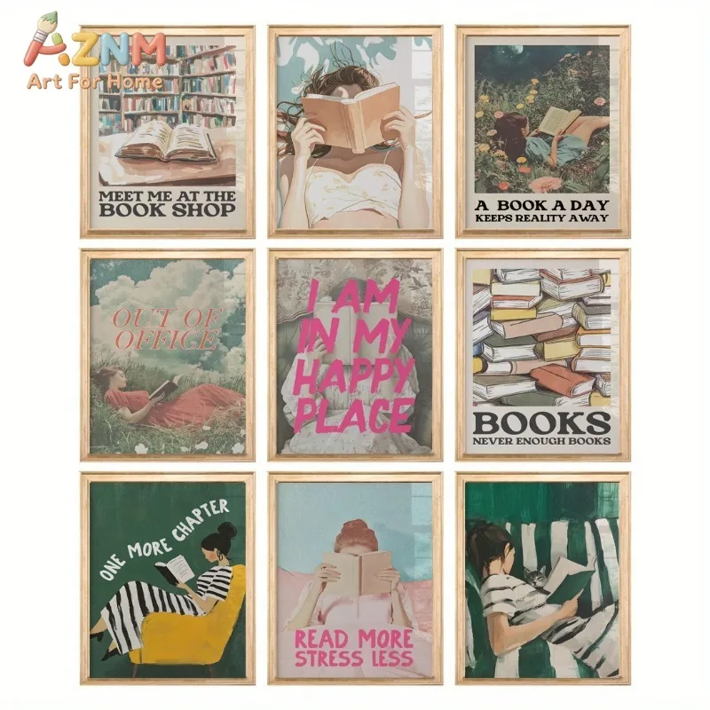 Book and Girl Art Poster Vintage Reading Canvas Paintings for Book Lover Inspirational Wall Decor Bookstore Aesthetic Home Decor