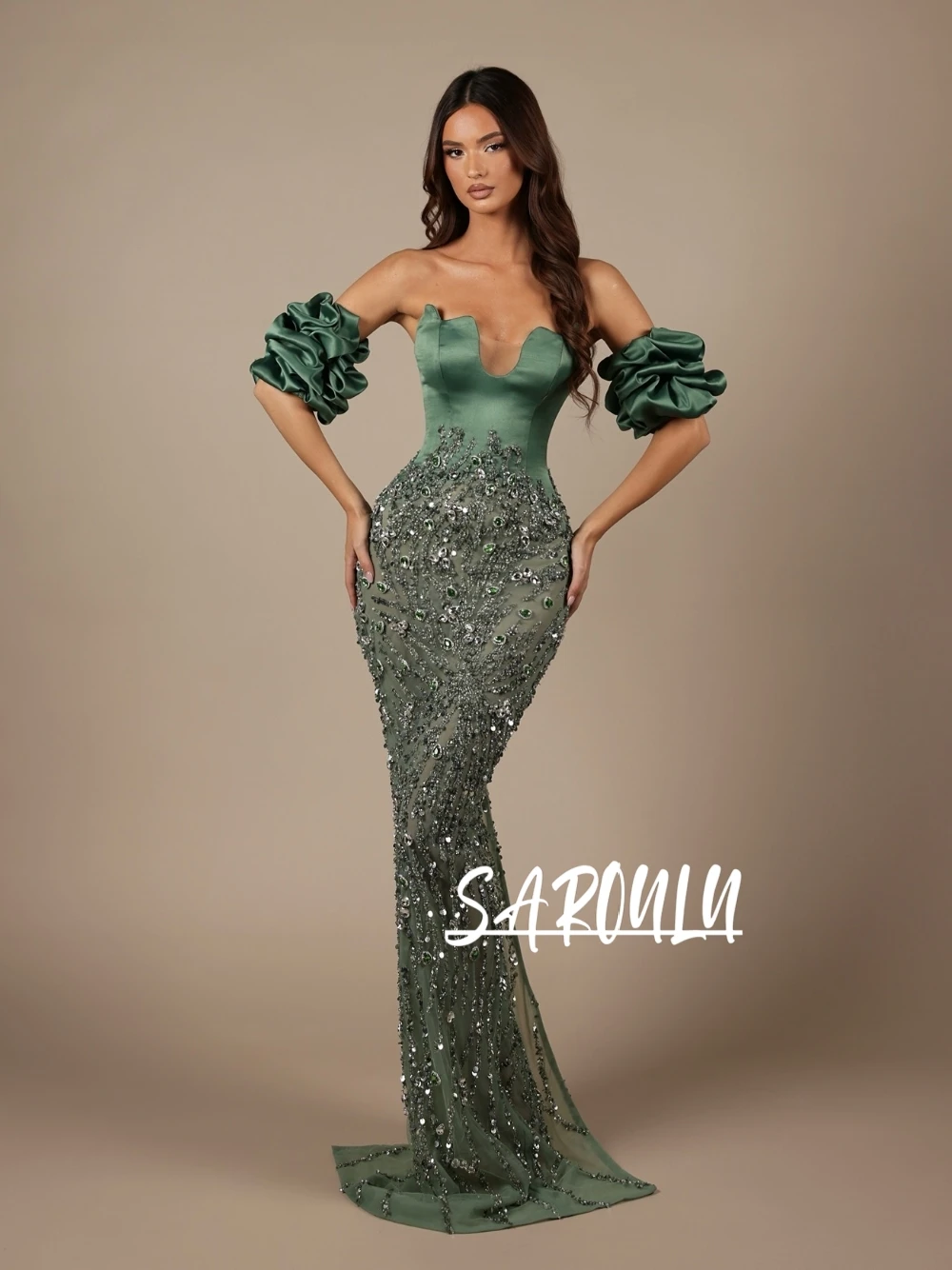 

Сверкающее вечернее платье Showstopper с бисером и кристаллами, пышными рукавами, облегающее платье для выпускного вечера по индивидуальному заказу, элегантное гламурное платье для банкета и вечеринки