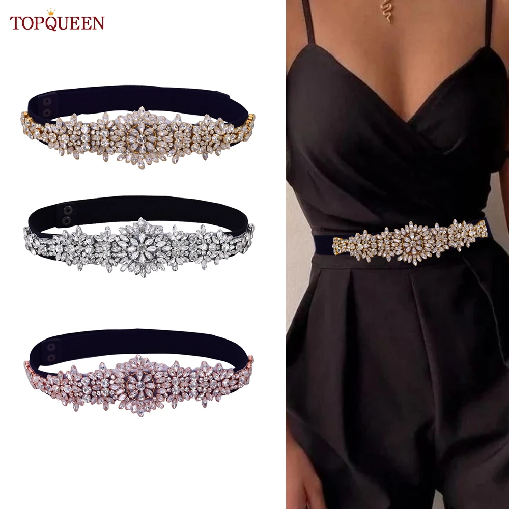 TOPQUEEN S319 moda damska elastyczny pasek czarna szeroka szarfa Rhinestone dekoracyjny płaszcz spódnica prosta sukienka w pasie damskie codzienne