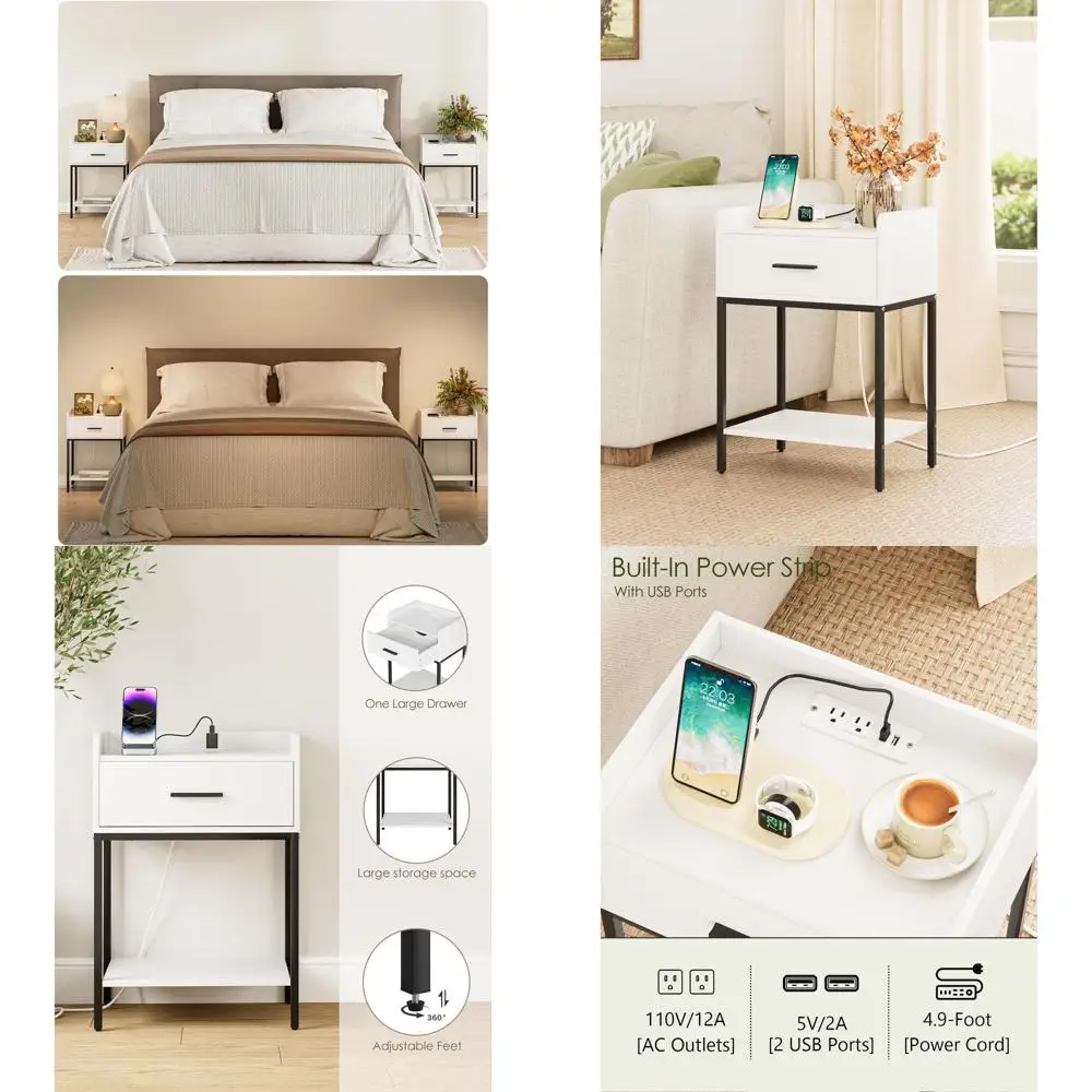 

Современная прикроватная тумбочка с зарядкой, ящиком и открытой полкой - элегантная белая и черная тумбочка для спальни и гостиной