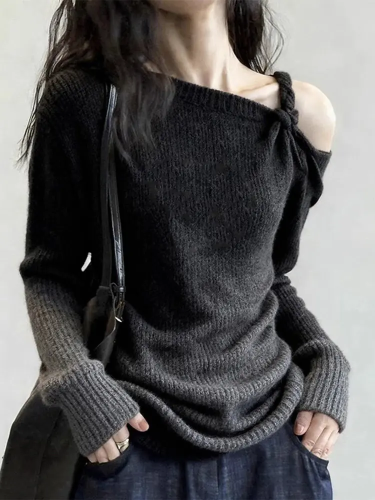 Women's Black Gothic Pullover Sweater Off Shoulder Long Sleeve Sweater Y2k Gyaru Korean Vintage Knitwear Sweater Knit Top Autumn