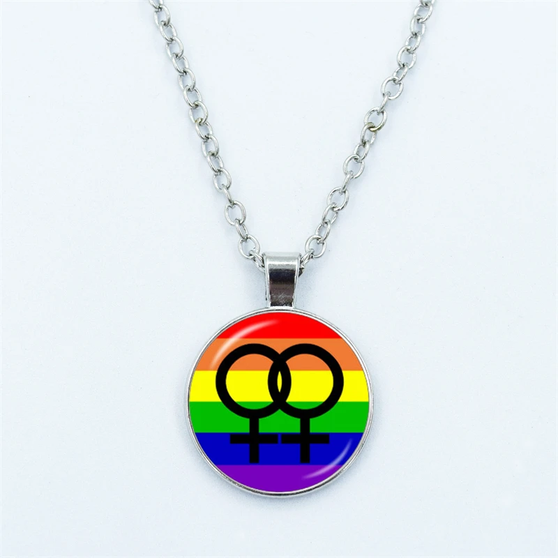 Rainbow Necklace LGBT Lesbian Gay Pride Rainbow Friendly Print Art Pattern Glass Pendant Couple Chain Necklace Gift