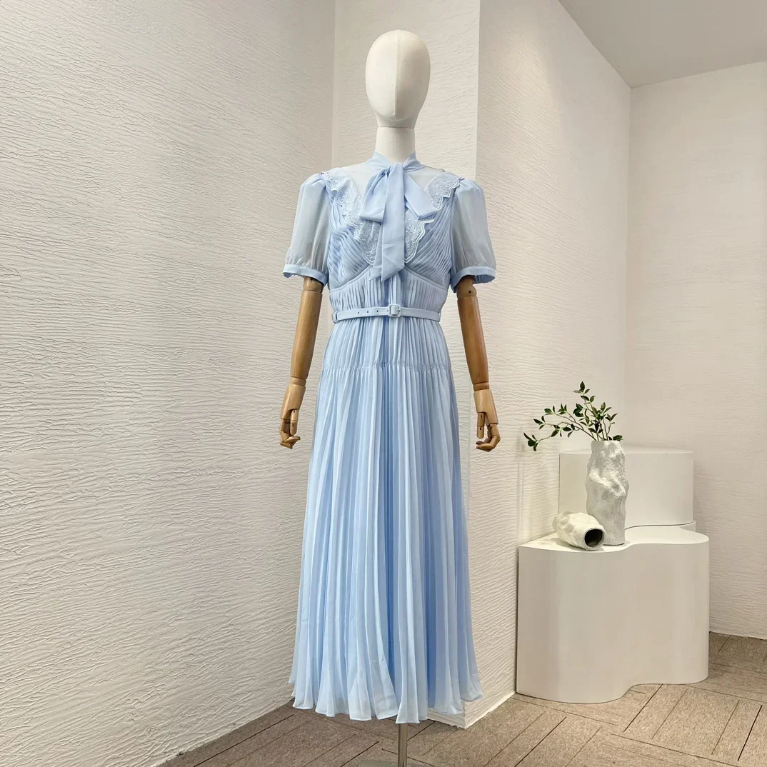 

New Arrivals Spring Summer Blue Short Sleeve Bow Ruched Girdle Self Tie Belt Women High Quality Midi Dress