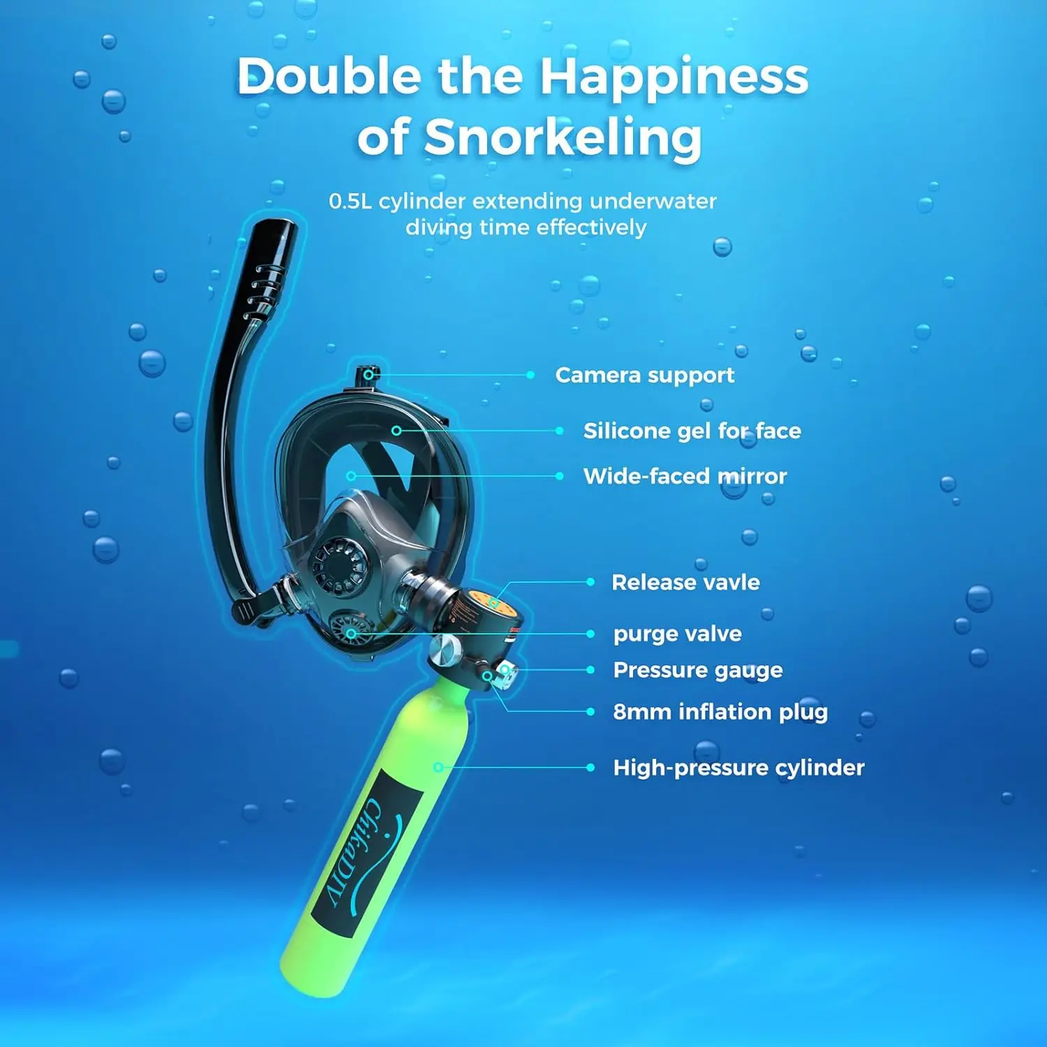 CHIKADIV Snorkeling Full Face Mask with Mini 0.5L Scuba Diving Tank And Hand Pump Diving Cylinder Dive Equipment for Adults