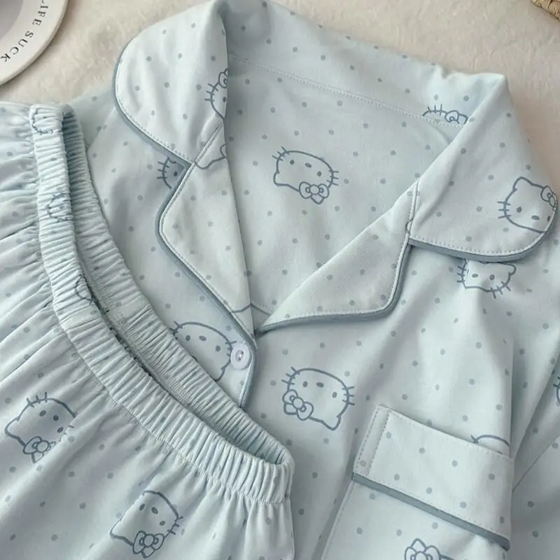 

Popular Hello Kitty Cute Girl Blue Polka Dot Pajamas for Women To Wear In Summer Short-Sleeved Shorts Two-Piece Home Clothes Ins