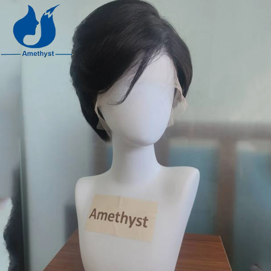 Amethyst Straight Natural Black Human Hair Wig Brazilian Remy Hair Short Pixie Cut for Men Transparent Full Lace Cap Pre Styled