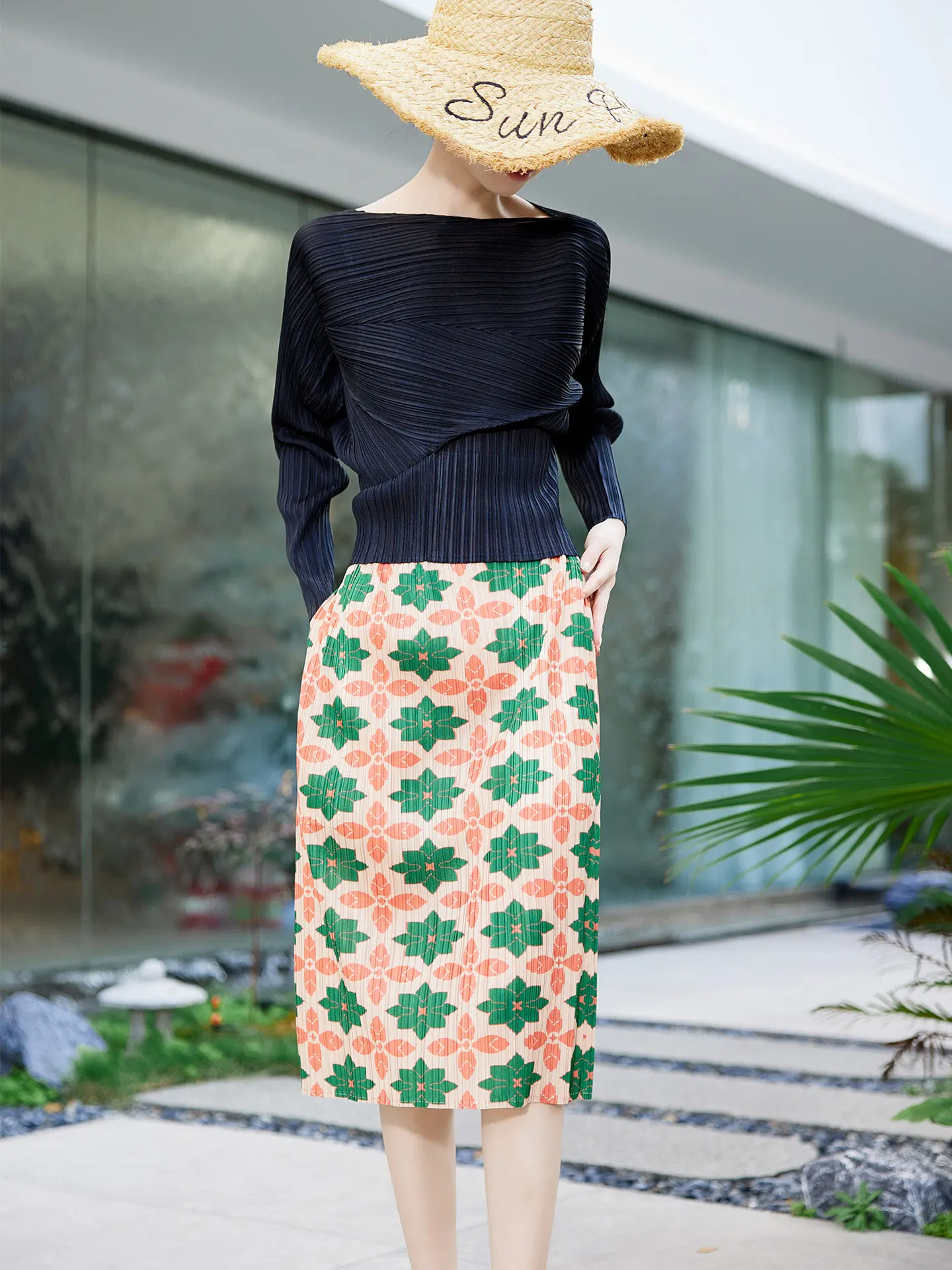 Three-Fold Windset Design Sense One-Shoulder Long Sleeve Printed Slimming Half Skirt High Waist Midi Two-Piece Set for Women