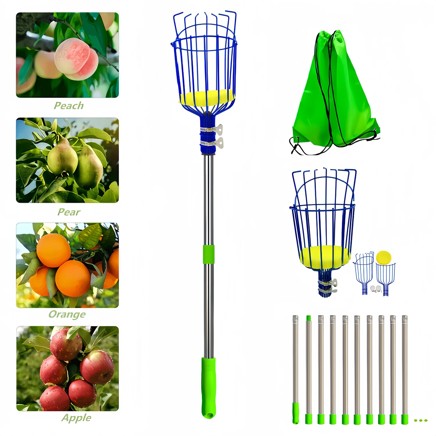 Fruit Picker, Fruit Picking Tool, Stainless Steel High-Altitude Fruit Picker, Fruit Harvesting Tool