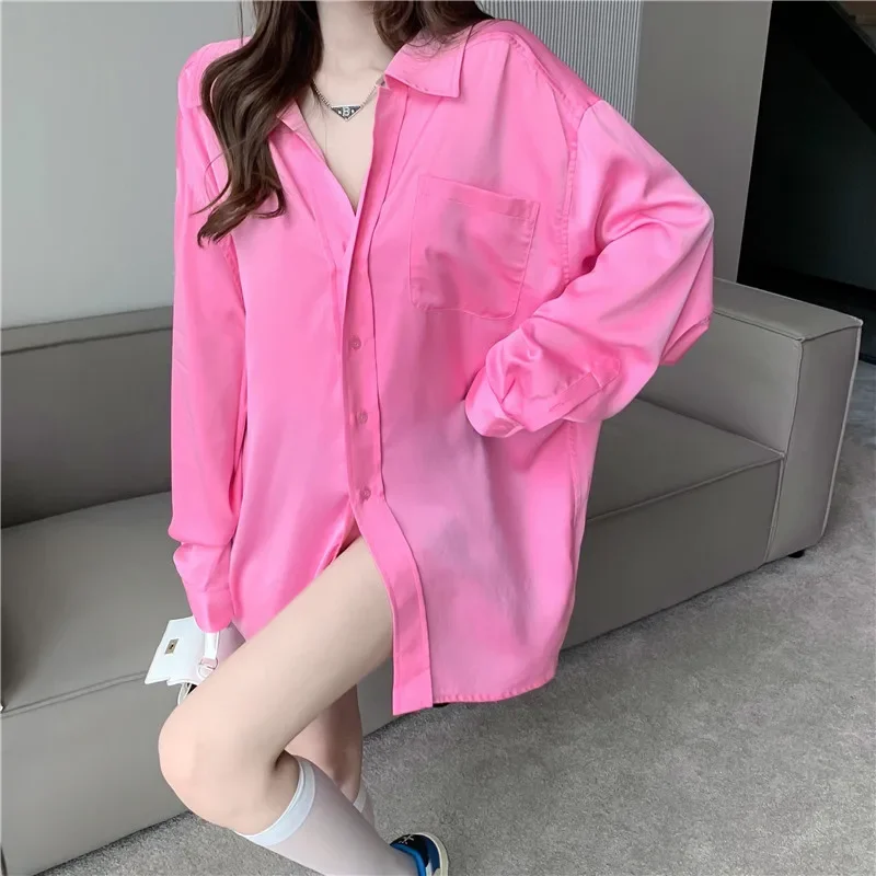 Harajuku Loose Pink Shirt, Streetwear, Long Sleeve, Temperament Sexy Blouses, Autumn Fashion, New