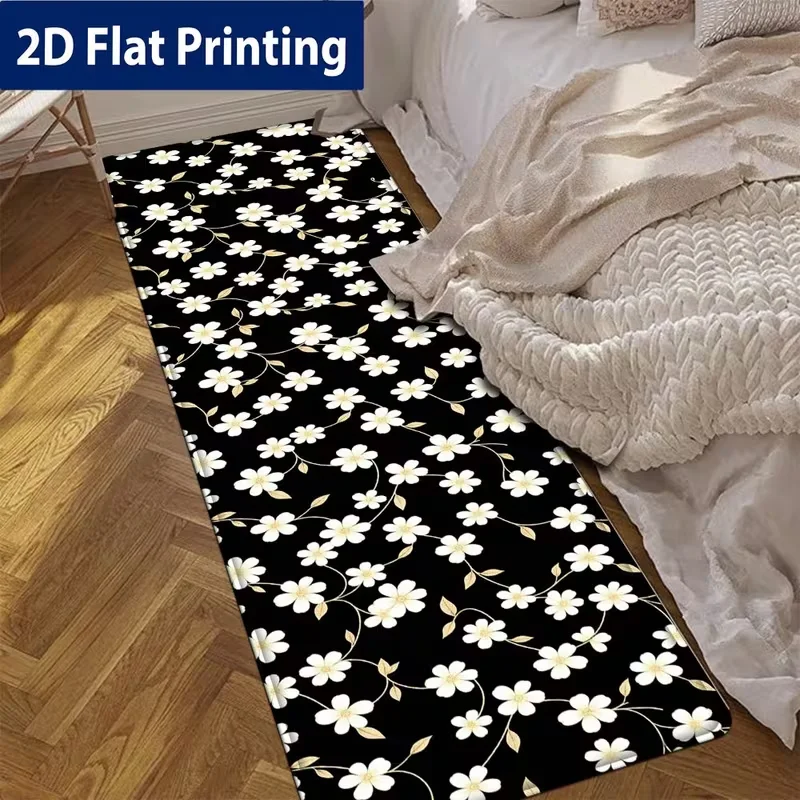 Commercial Kitchen Background - White Floral Black Background Runner Rug