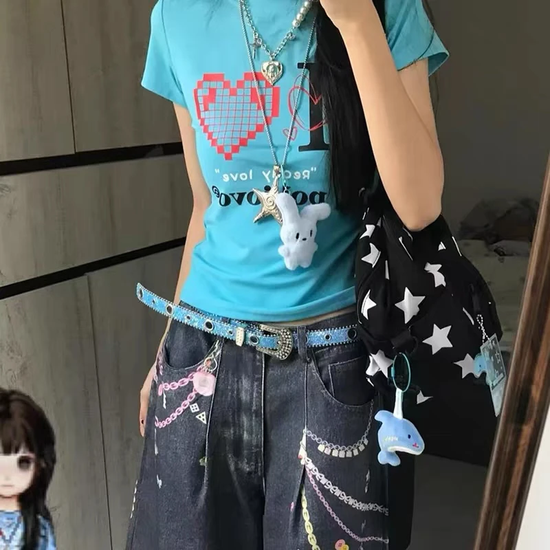 Cinturón de Estilo Punk con Adornos de Diamantes Azules Resistentes, Cinturón Vaquero Moderno y Atrevido Estilo Y2K, Accesori...