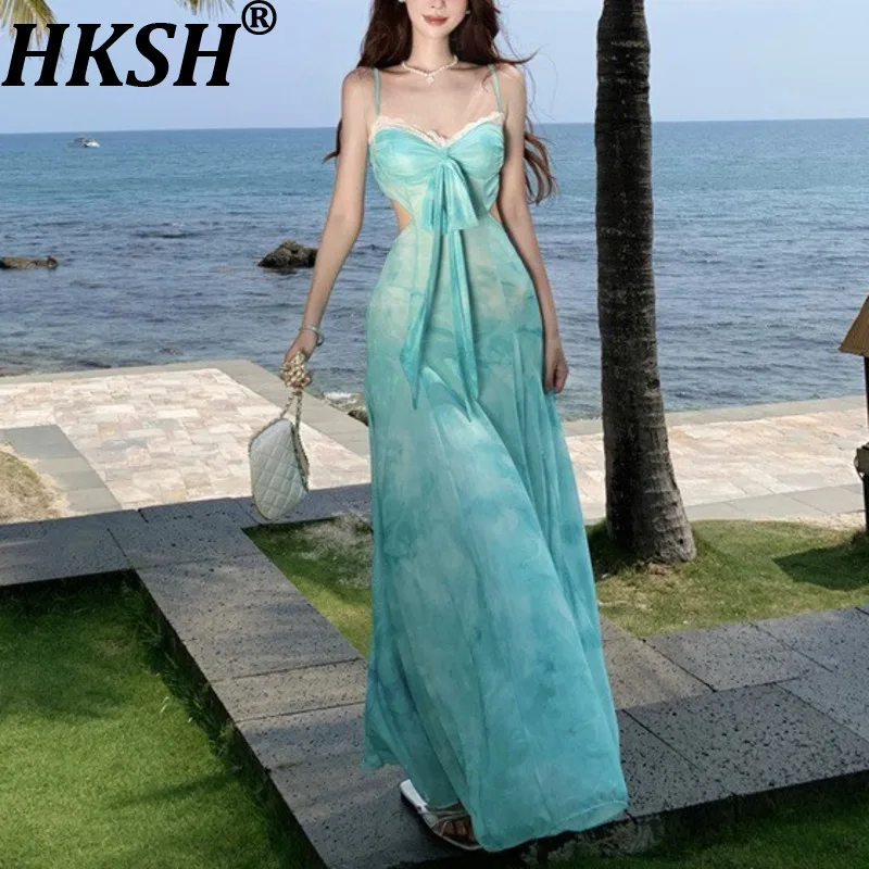 

HKSH Summer New Women's Ins Trendy Vacation Style Stylish Printed Strap Hollow Out Waist Sexy Elegant Slimming Long Dress HK7813