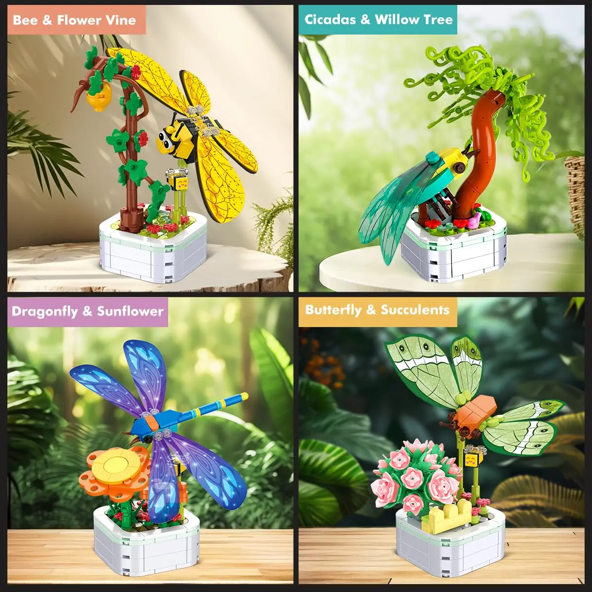 HOGOKIDS Insect Building Set-4Packs Bug Building Toys Butterfly Dragonfly Bee Potted Home Plant Decor Birthday Gift for Kids6+