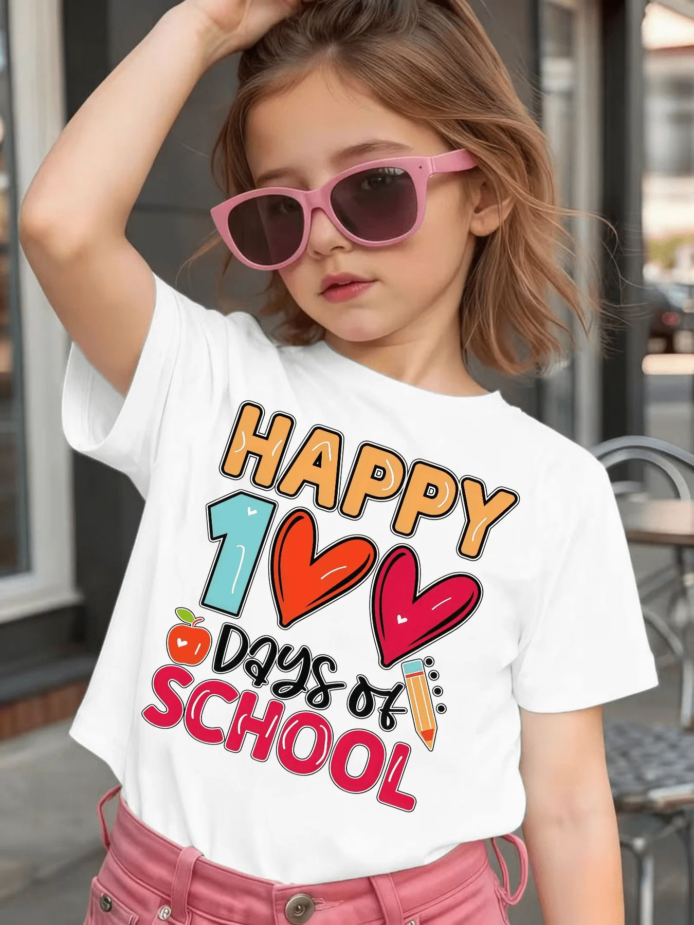 Cute Happy 100 Days Of School Heart Graphic Kids Tee Boys Girls Family Matching Cotton Crew Neck Short Sleeve Soft Summer Tee