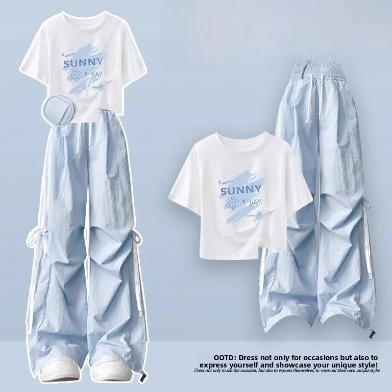 Cool Korean Style Blue Women's Fashion Set Summer Workwear Pants Breathable Loose Fit Short Sleeve T-Shirt Button up Casual