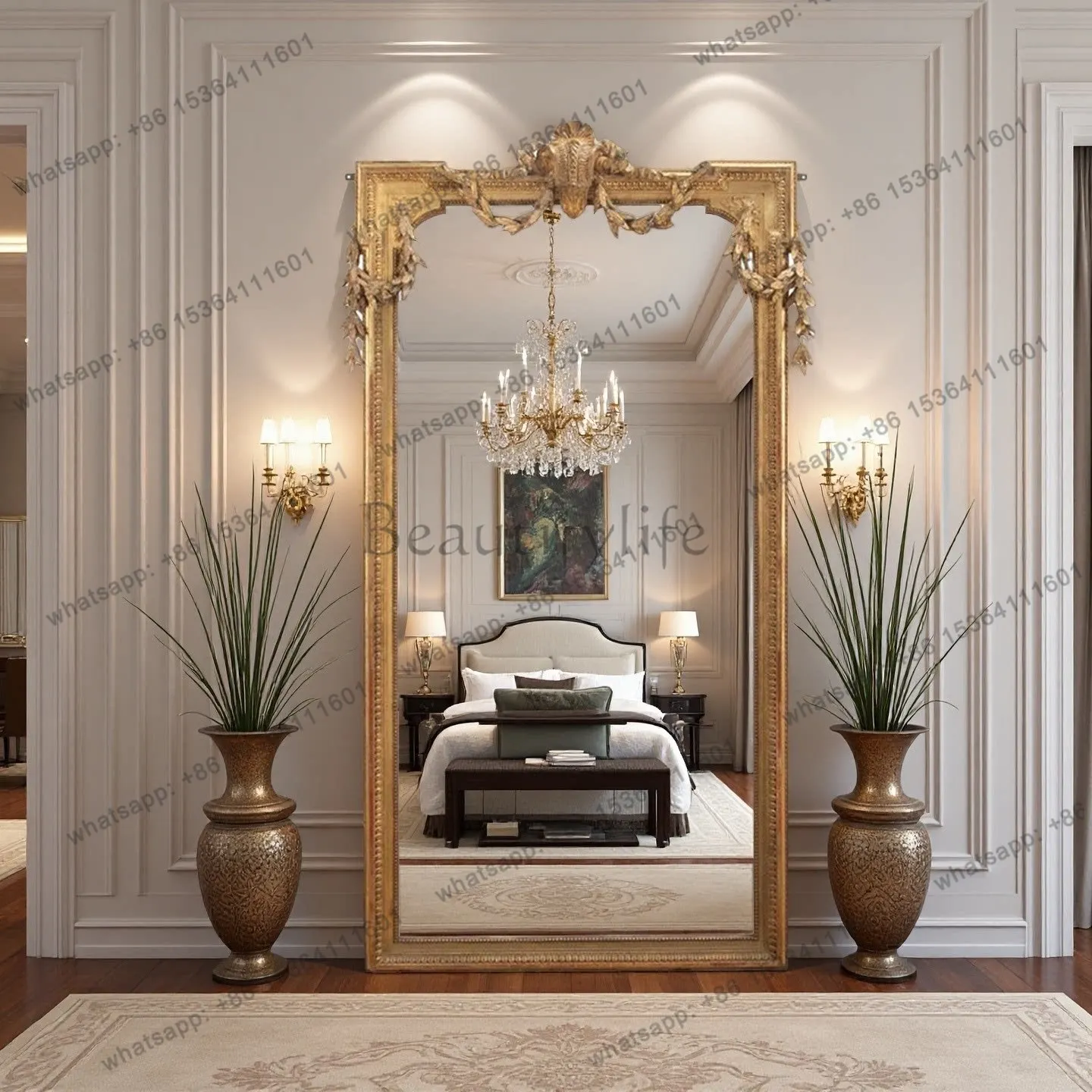 D33 French classical wooden frame vintage carved whole body home clothing store antique dressing mirror