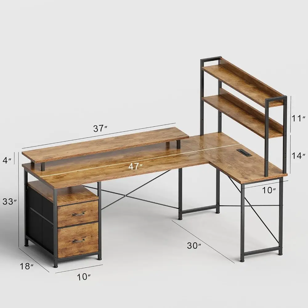 โต๊ะทำงานแบบมีไฟ LED แบบพลิกกลับได้พร้อมพอร์ตชาร์จและชั้นวางเข้ามุมสำหรับโฮมออฟฟิศ สีน้ำตาล