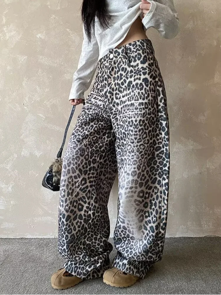 

2022, американские ретро Y2K, модные леопардовые мешковатые женские джинсы, брюки, прямая женская одежда, повседневные длинные брюки, Pantalon Femme