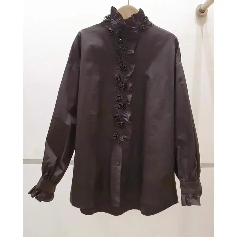 

Court Style Stand Collar Long Sleeve Women's Shirt Beaded Flower Embellishment Gored Hemline Autumn Winter New Arrival