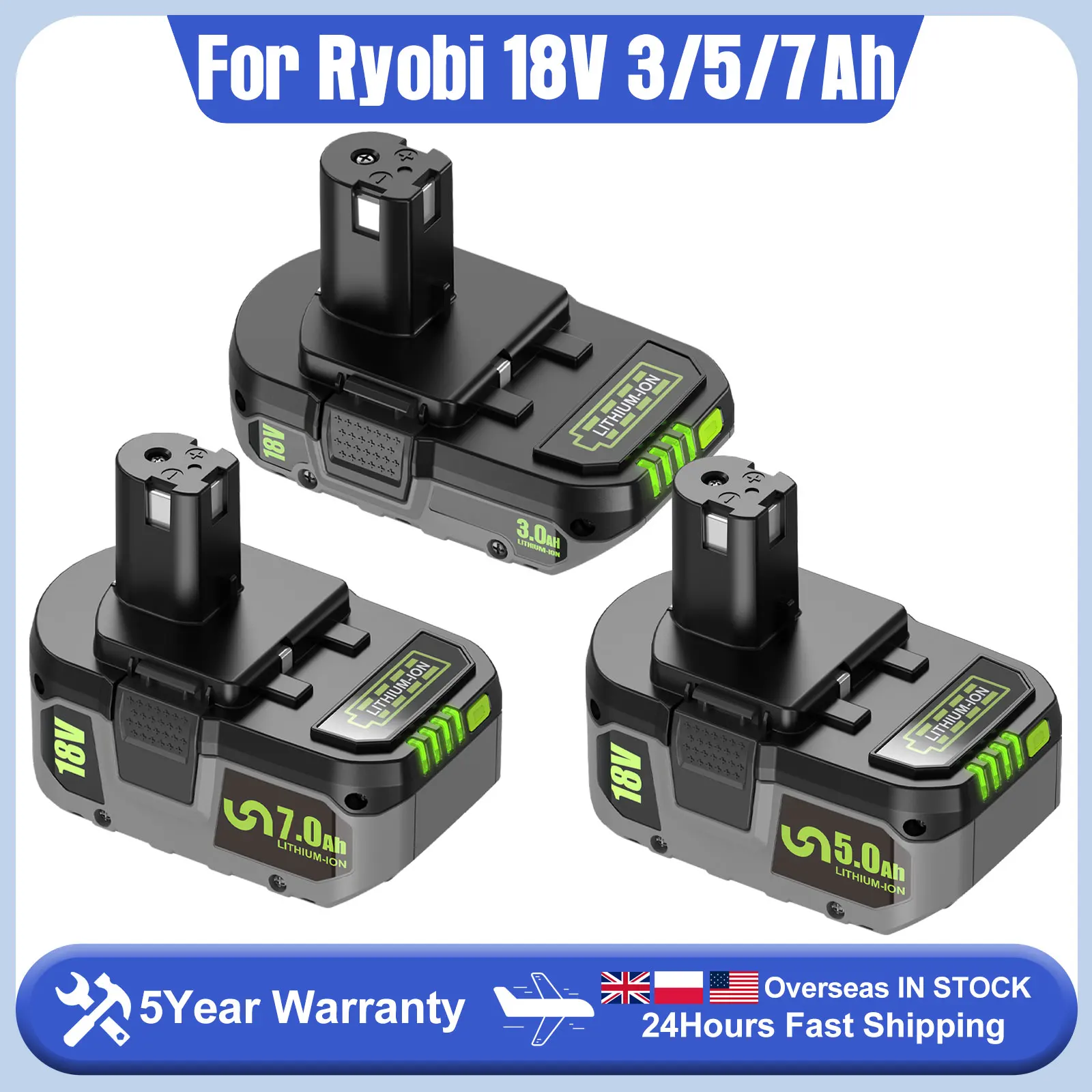 

18V Li-ion Battery For RYOBI One+ (P108/P107/P104) 3Ah/5Ah/7Ah Options EU/UK/USA Stock Compatible With For RB18L50/RB18L20