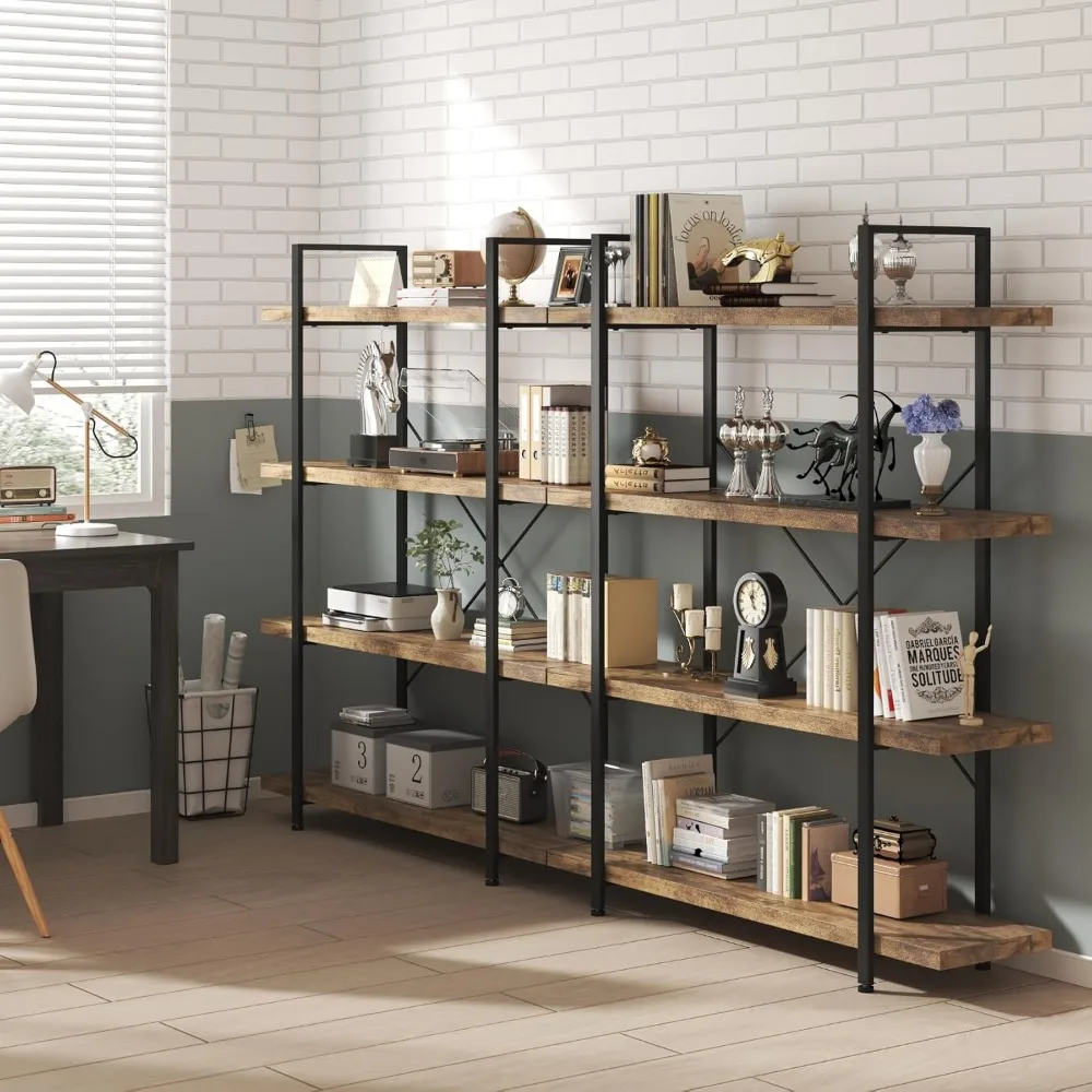 Bookshelf Set, 4 Tier Shelf, Industrial Bookcase for Home and Office, 2PCS 47"Length Wood Standing Bookshelf Display , Bookcases