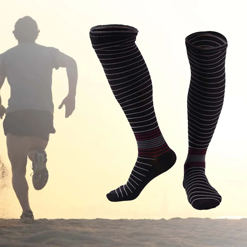 

Knee High Compression Socks Men Black Striped Professional Stretch for Sports Running Travel Improved Leg Circulation