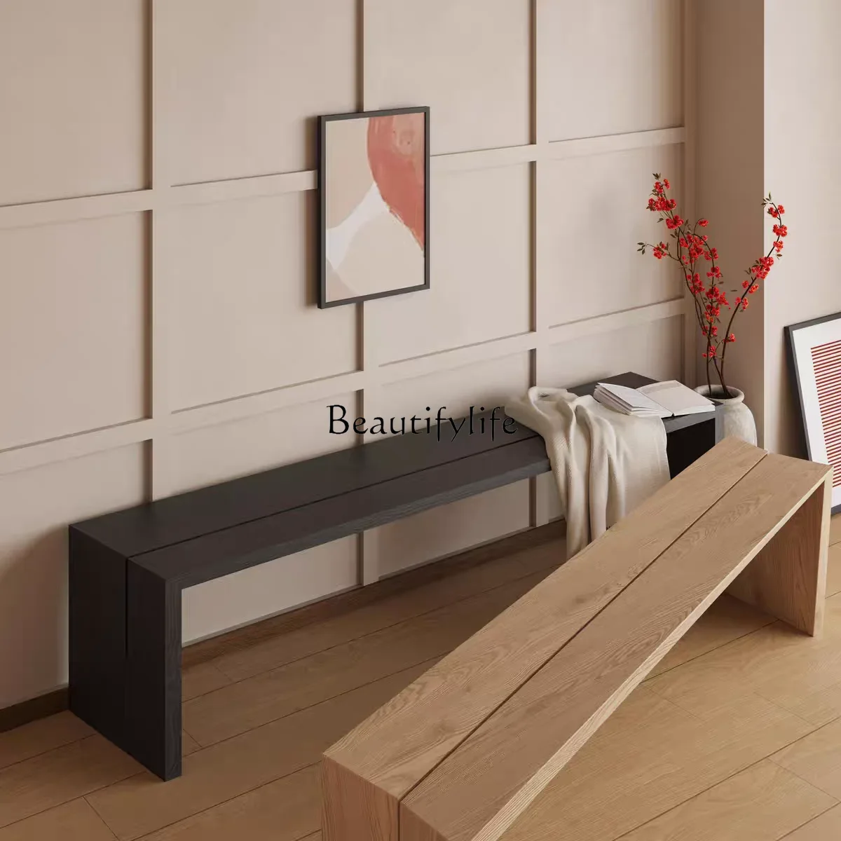 Yj5 بسيط الحديثة Wabi-Sabi نمط الأبيض الرماد الخشب طويل البراز الطعام كرسي منطقة الراحة الأحذية تغيير غرفة المعيشة طاولة طعام المنزل S