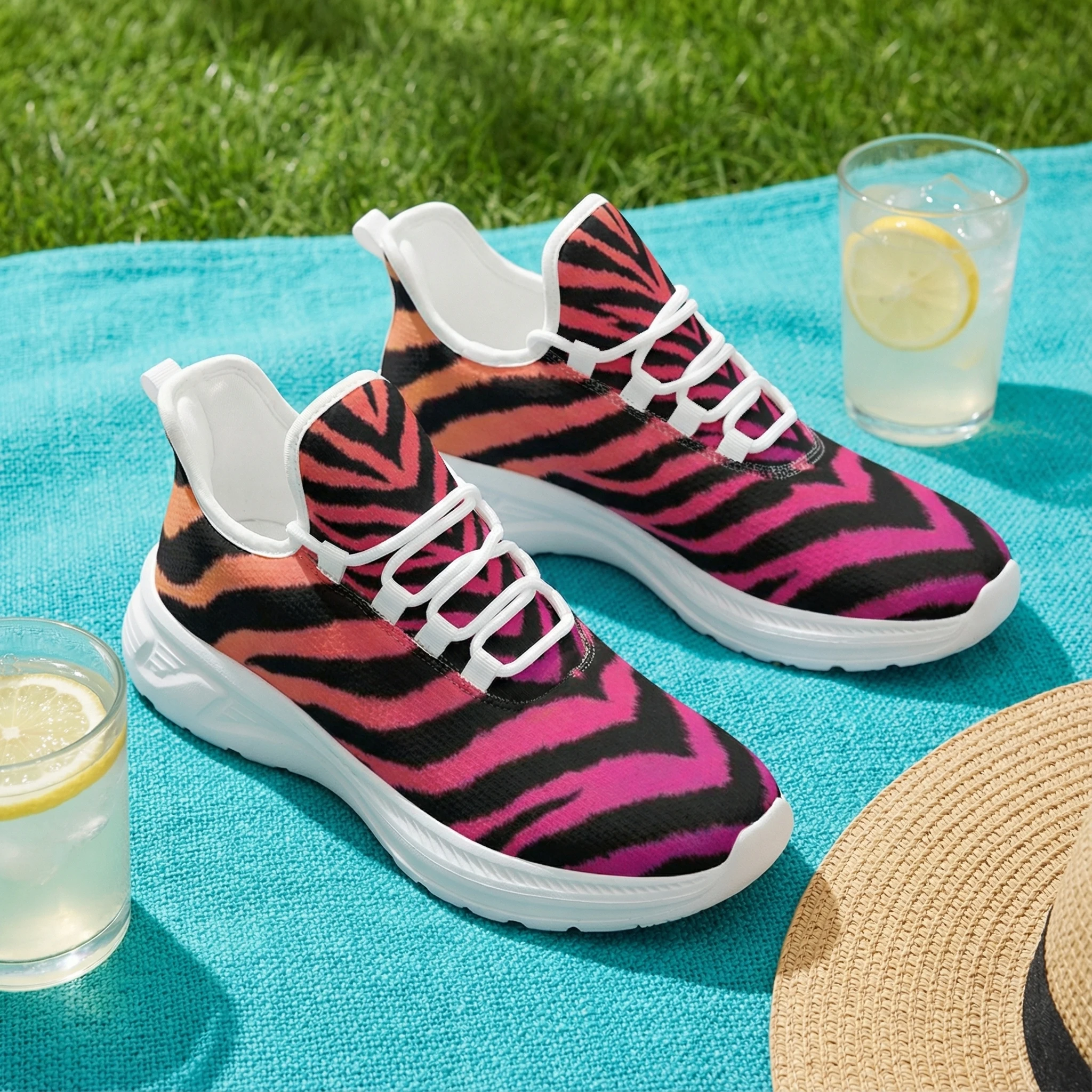

Casual athletic shoes feature a stylish purple zebra print and are comfortable and breathable.