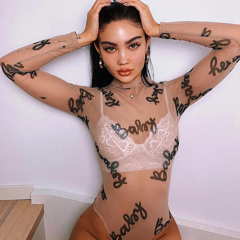 

2020 Summer Sexy Letter Print Transparent Mesh Bodysuits Long Sleeve See Through Baby Bodycon Rompers Women Jumpsuits