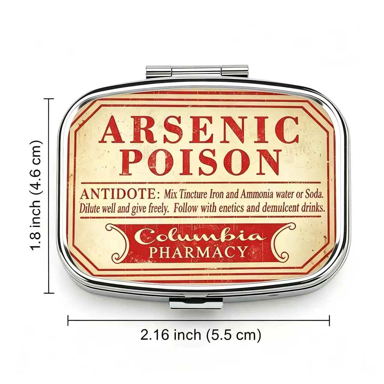 2-Fächer Metall-Pillenbox, Vintage Arsenik-Etikett-Druck, Tragbare Taschen-Pillenbox, Reise-Medikamenten-Aufbewahrungsbehälter – Detail 3