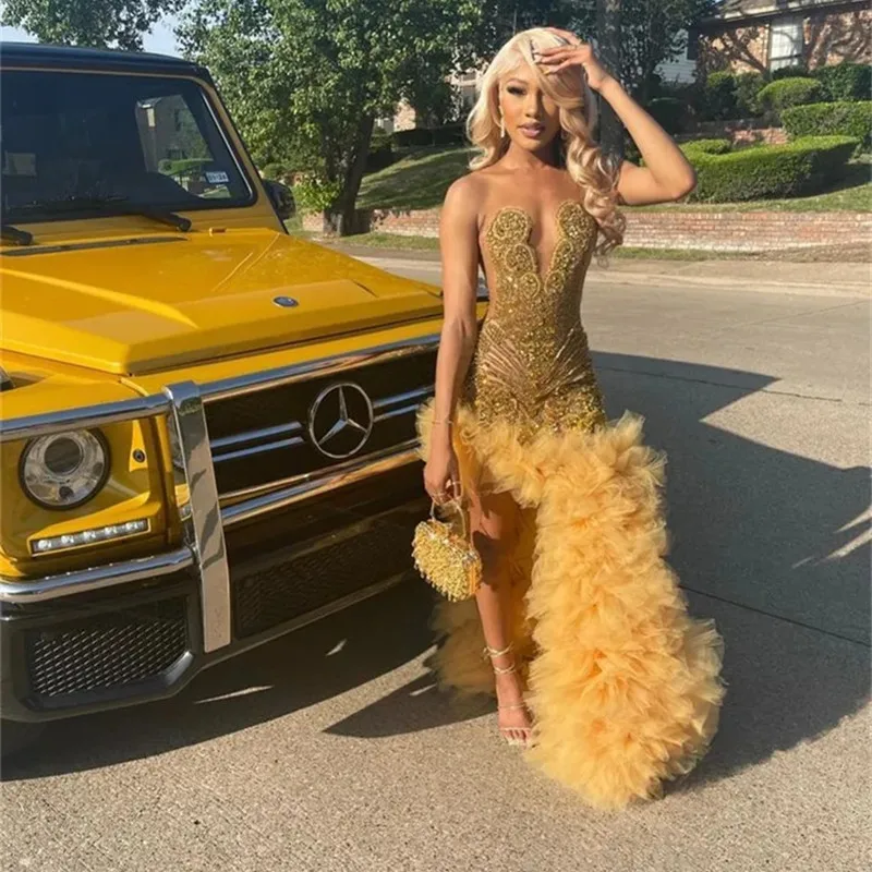 Charmante Gold Kristall Ballkleider Perlen Rüschen Tutu Rock reiche Mädchen formelle Abendkleider Maxi Geburtstags feier Robe Vestido de G.