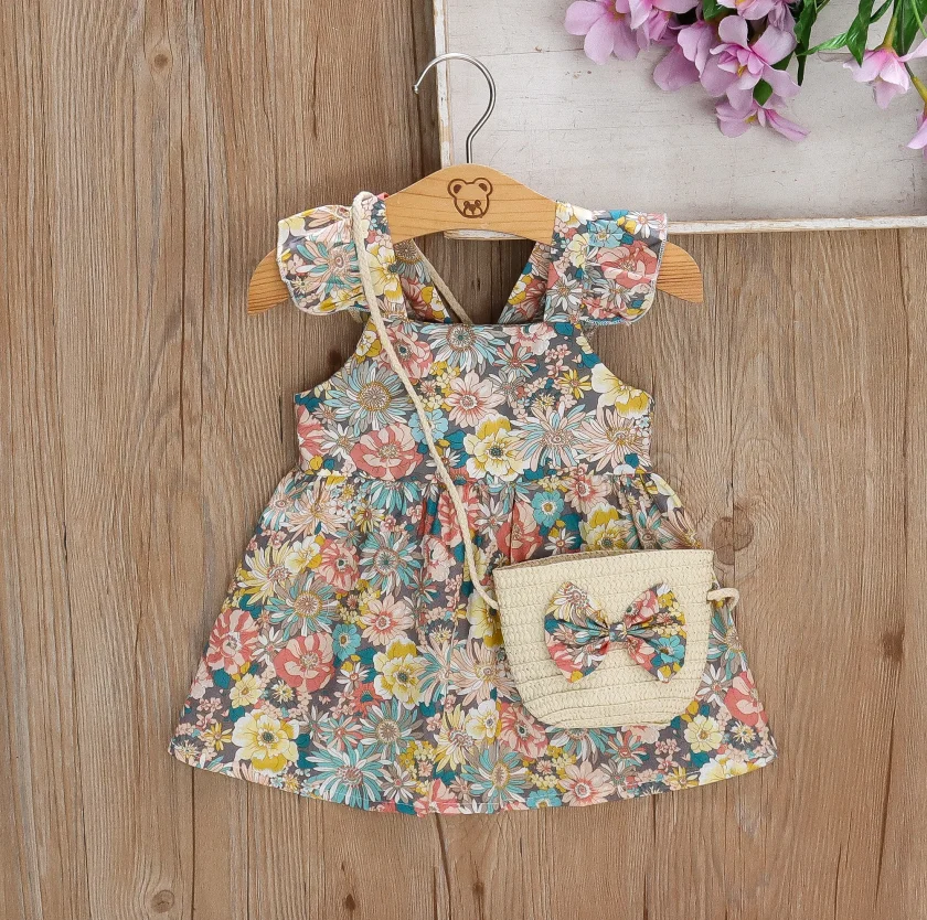 Baby Girl Dress Summer Sweet Birthday Party Girl Dresses Floral Small Flying Sleeve Round Necktie Crossbody Bag Bow Clothing