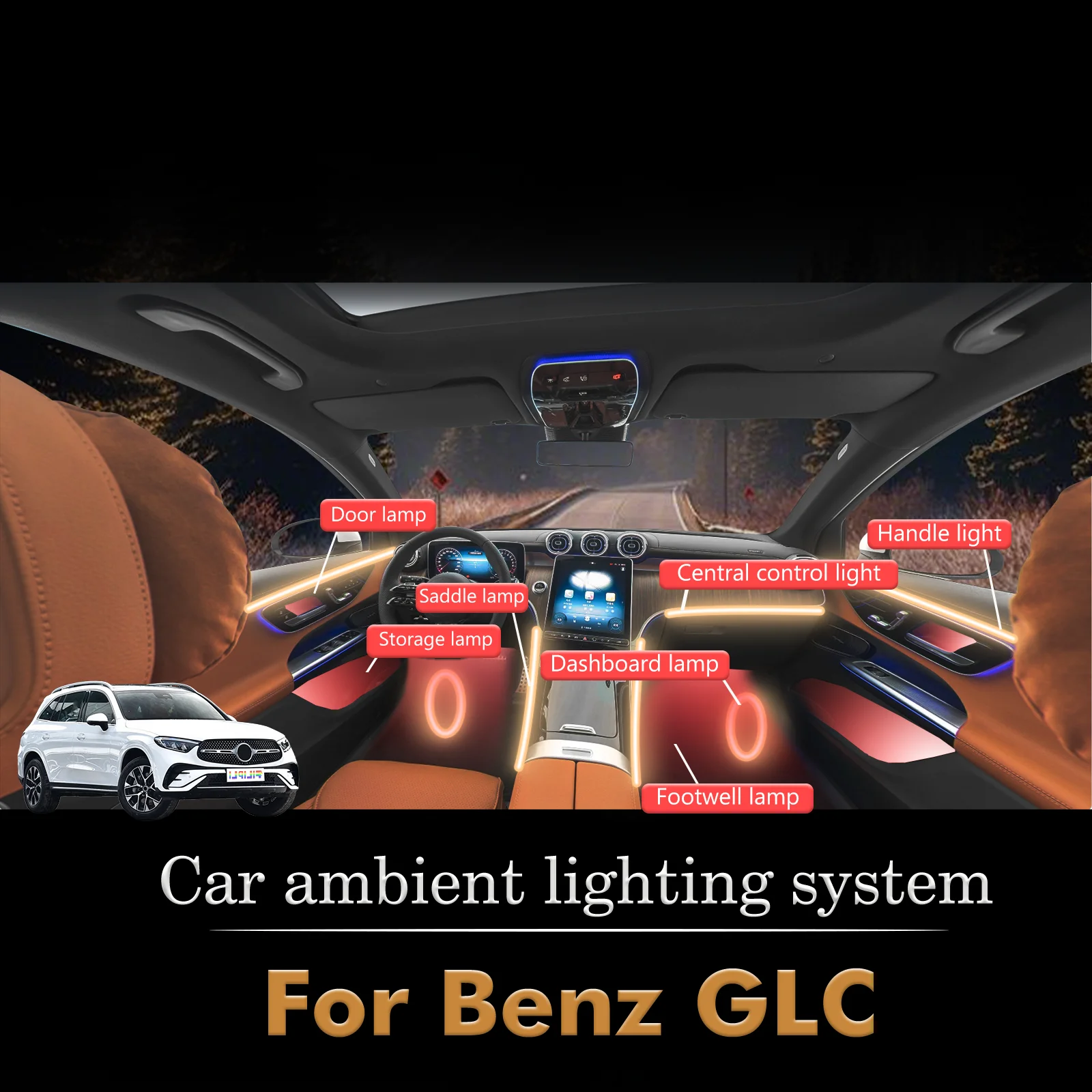 

For BenZ GLC Car Interior Mood Ambient Light RGB 64-Color LED Smart Remote Control Atmosphere Lamp Energy Saving Kit
