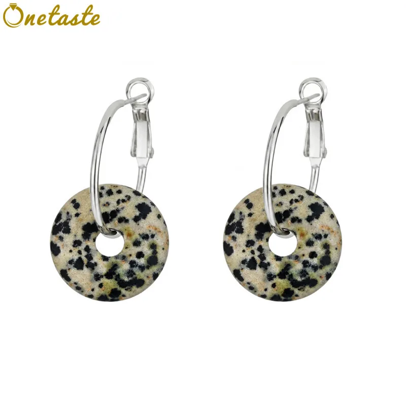 925 Sterling Silver Natural Stone Hollow Disc Charm Hoop Earrings For Women Simple Trendy Dangling Statement Earring Party Gift