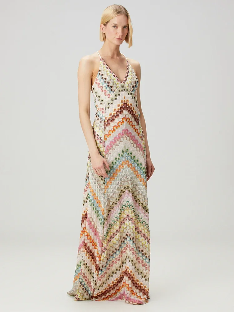 

Multicolored Backless Knit Sexy Maxi Dress Women Fashion Spaghetti Strap Sleeveless High Waist Club Party Long Dresses