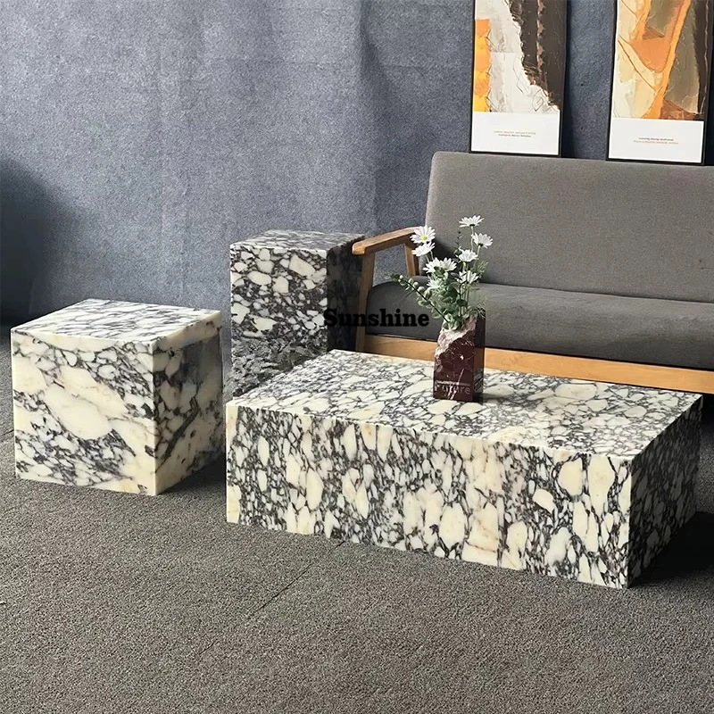

Luxury Stone Furniture Low Marble Plinth Living Room Luxury Natural Customized Calacatta Viola Coffee Side Table 3Pcs Set